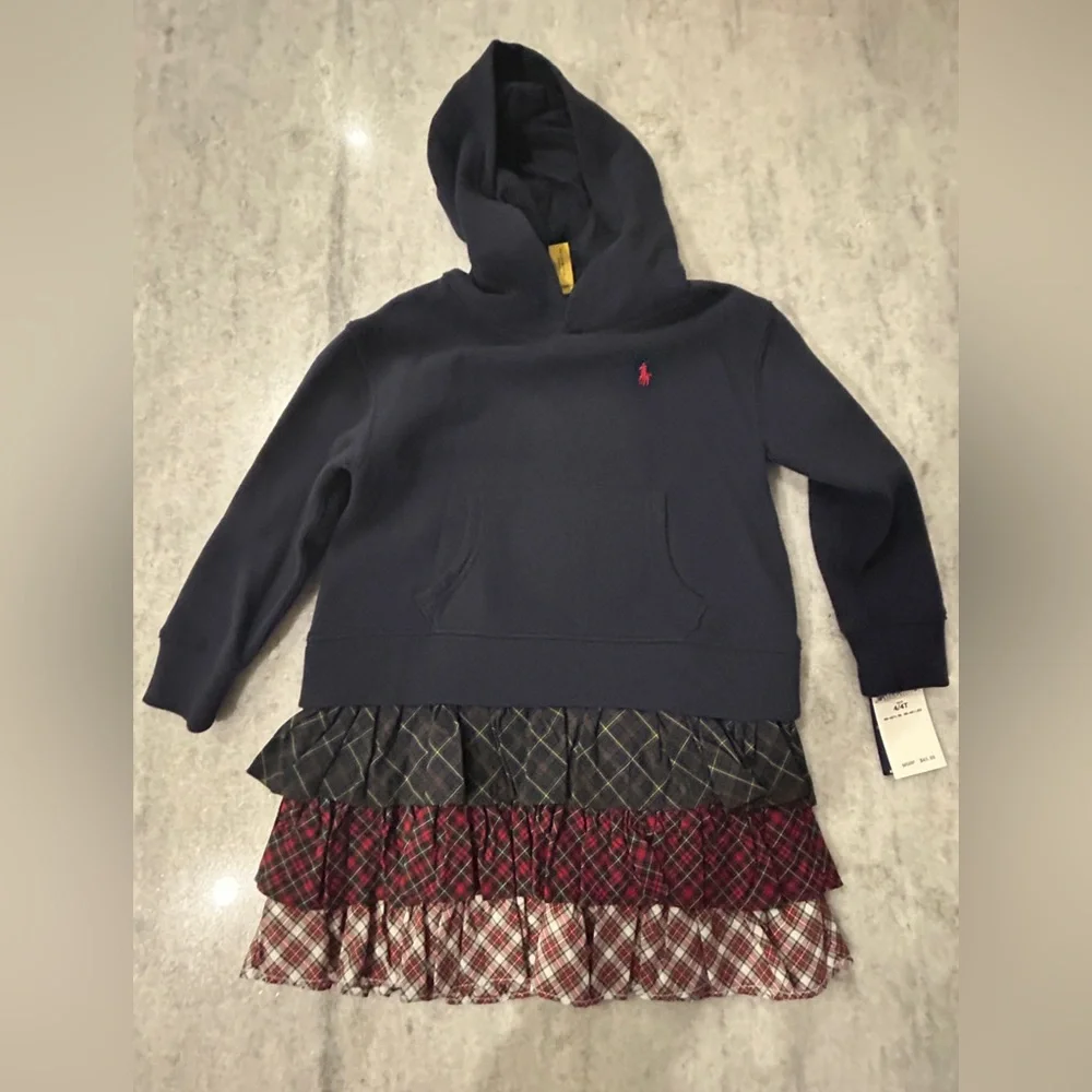 Polo Ralph Lauren Navy Blue Kids Hoodie with Plaid Skirt   Size 4/4T